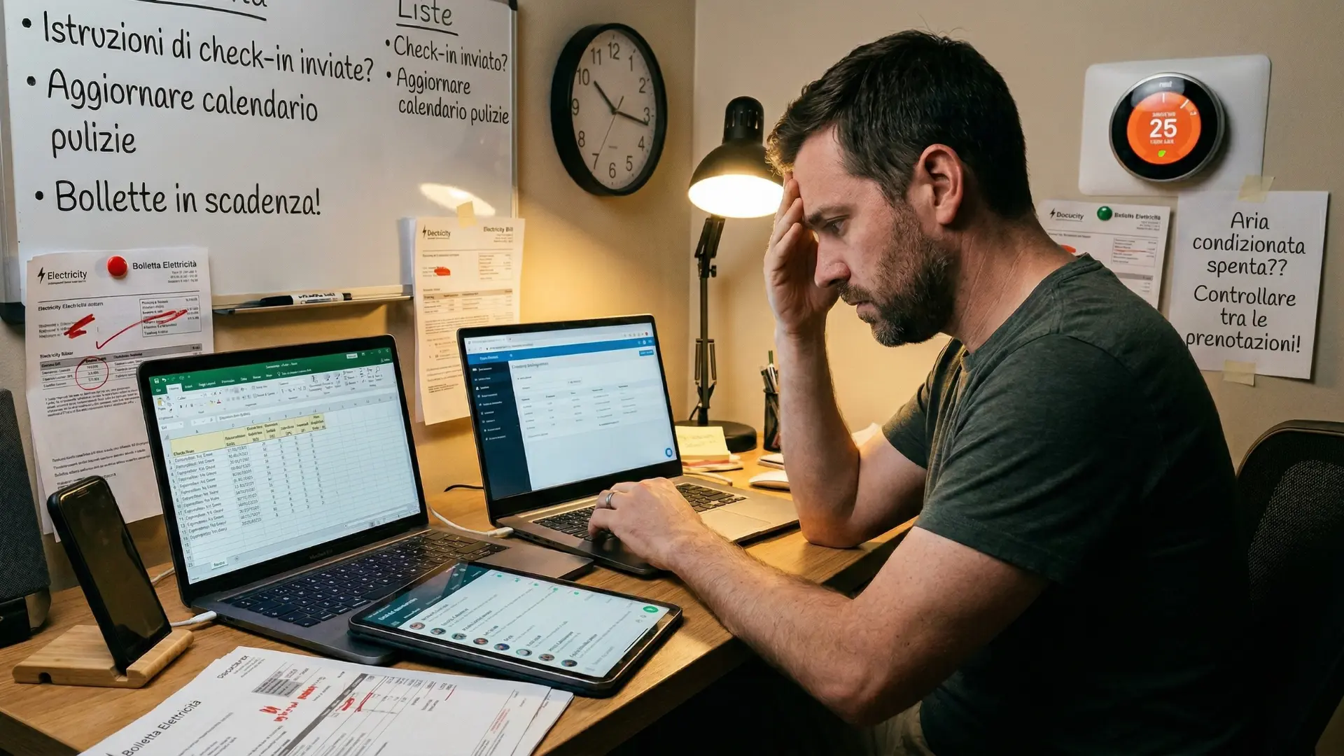 Un host di affitti brevi stressato e stanco mentre lavora a una scrivania disordinata di notte, circondato da schermi e liste di cose da fare.