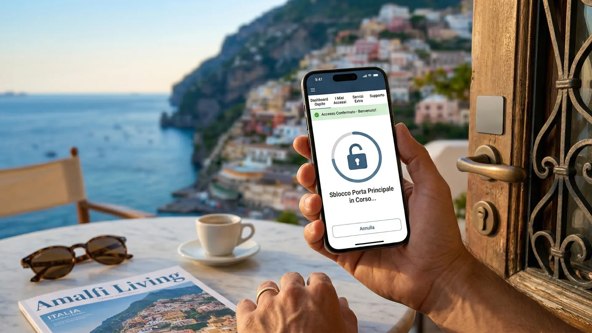 Un ospite sblocca la porta principale mentre si trova in una terrazza a Positano, in Costiera Amalfitana. L'immagine in primo piano mostra il telefono con l'app aperta, una rivista 'Amalfi Living' e un caffè, con una splendida vista sul mare e sulla città in background.