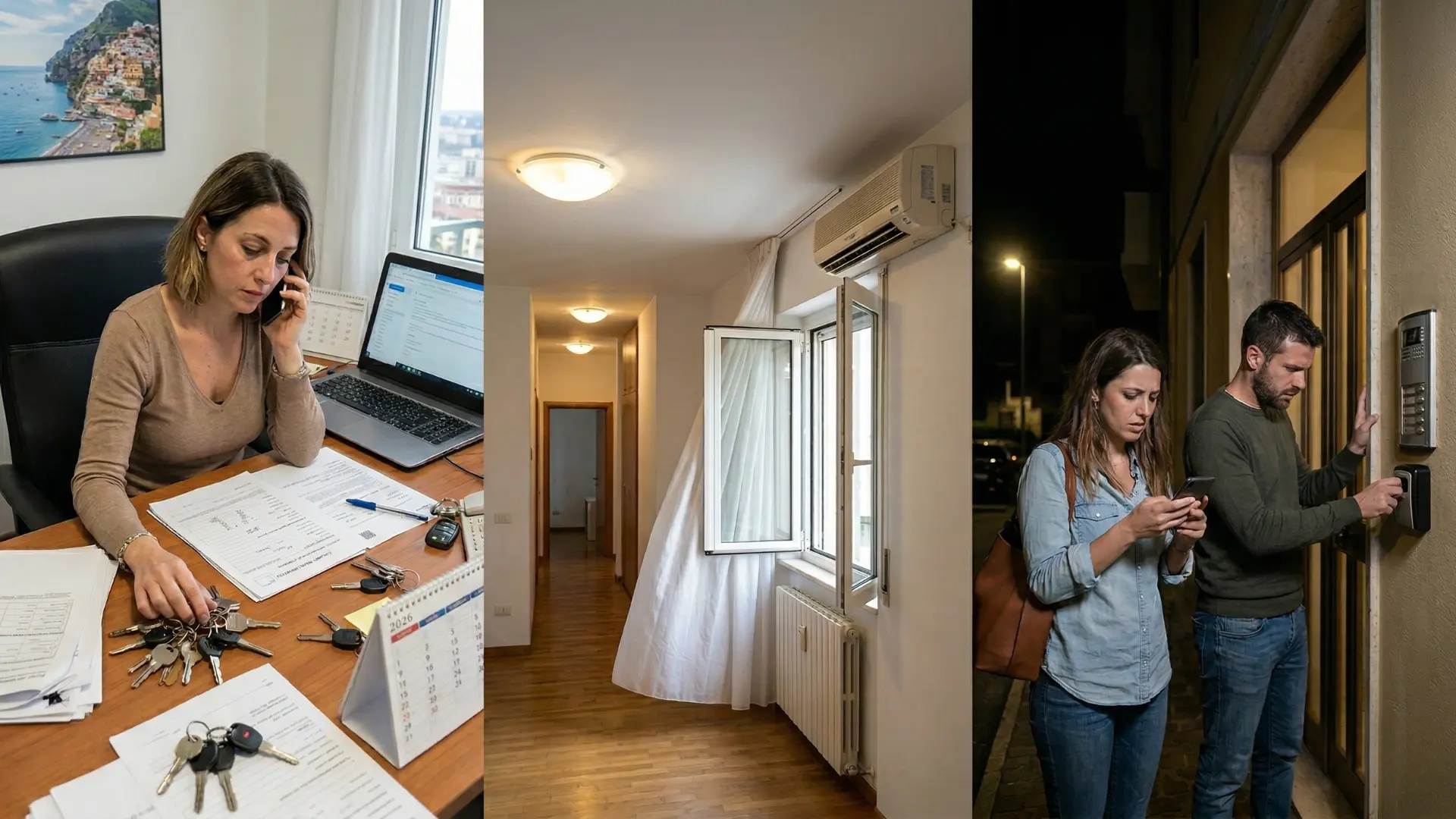 Un trittico di immagini fotorealistiche che mostrano le diverse fasi della gestione di un affitto breve. A sinistra, una donna seduta a una scrivania piena di chiavi e documenti, parla al telefono preparando il turnover. Al centro, un corridoio di un appartamento moderno, pulito e climatizzato, pronto per gli ospiti. A destra, una coppia di ospiti fuori da un condominio di notte, mentre l'uomo prova ad aprire una cassetta di sicurezza a muro (lockbox) e la donna controlla il suo smartphone per il self check-in