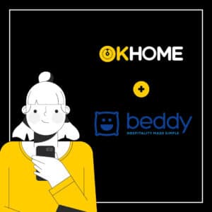 Collaborazione tra Ok Home e Beddy, loghi di ok home e beddy ed immagine illustrata di una ragazza con il cellulare.