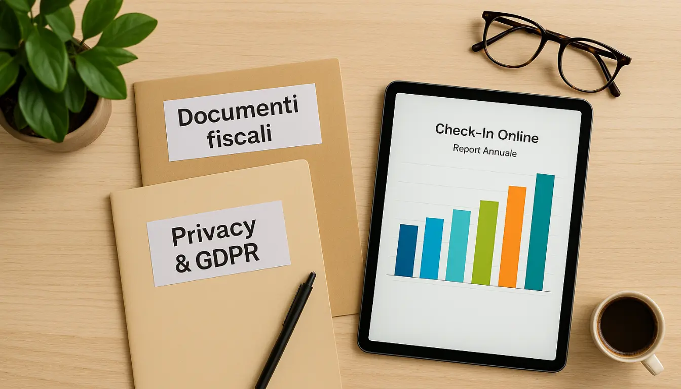 Scrivania vista dall’alto con cartelle “Documenti fiscali” e “Privacy & GDPR”, un tablet con grafico del report annuale e tazza di caffè, simbolo della gestione semplificata degli adempimenti con il check-in online