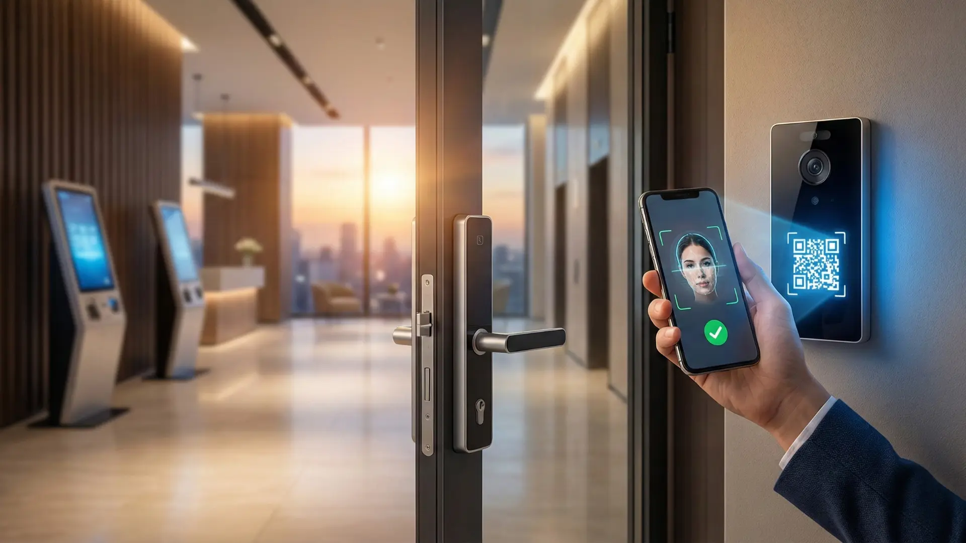 Una mano tiene uno smartphone che esegue una scansione facciale biometrica di successo per sbloccare la porta di un hotel moderno, illustrando la nuova frontiera tecnologica del check-in de visu