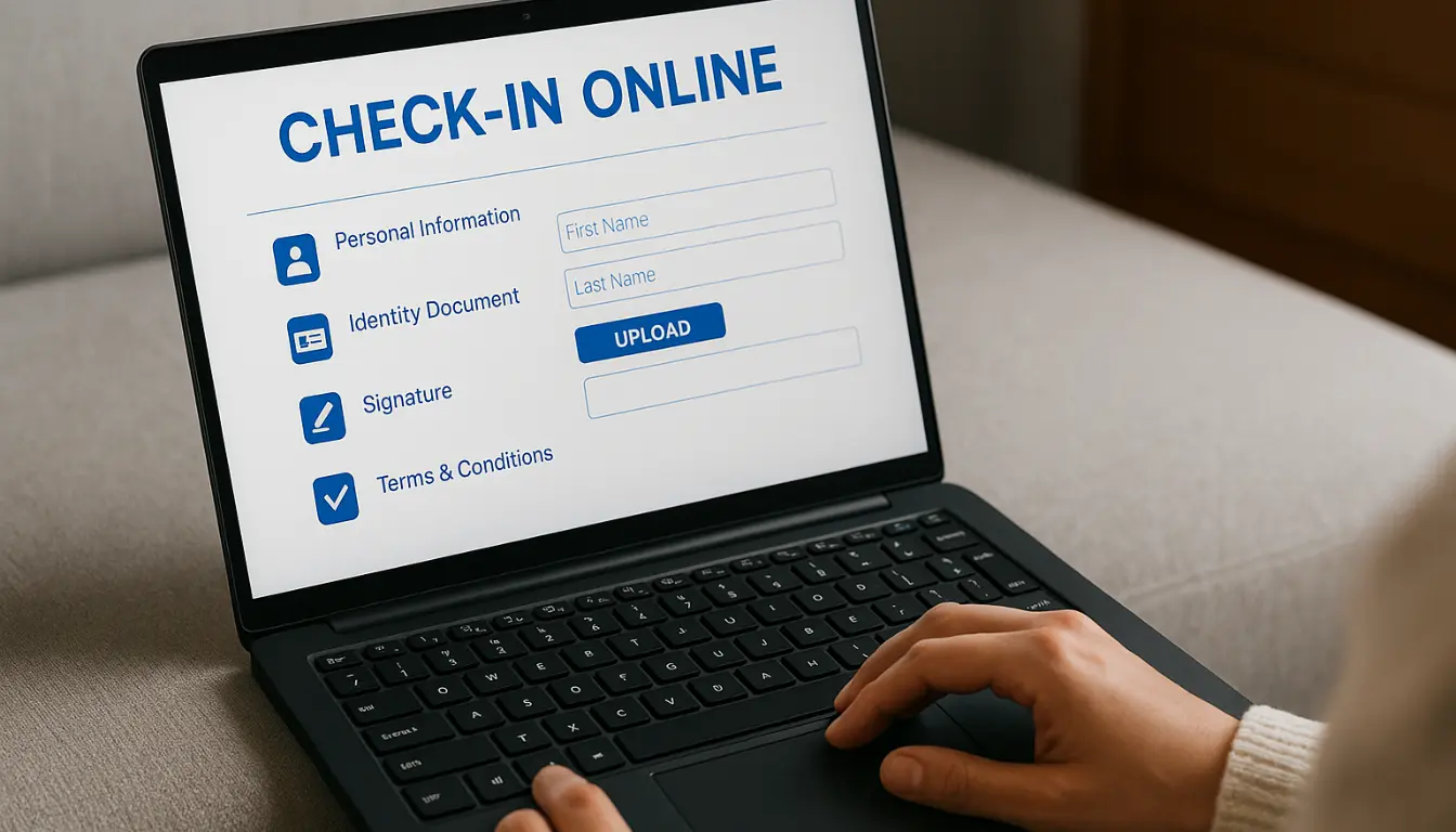 Persona che completa il check-in online su laptop, caricando documenti e firmando digitalmente prima dell’arrivo nella struttura ricettiva