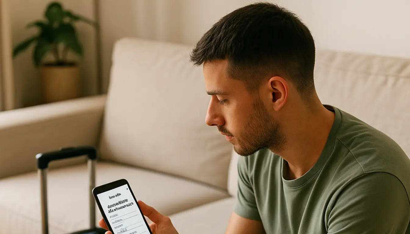 Viaggiatore che completa il check-in online dal proprio smartphone prima dell’arrivo, con documento d’identità e valigia sullo sfondo in un ambiente domestico luminoso