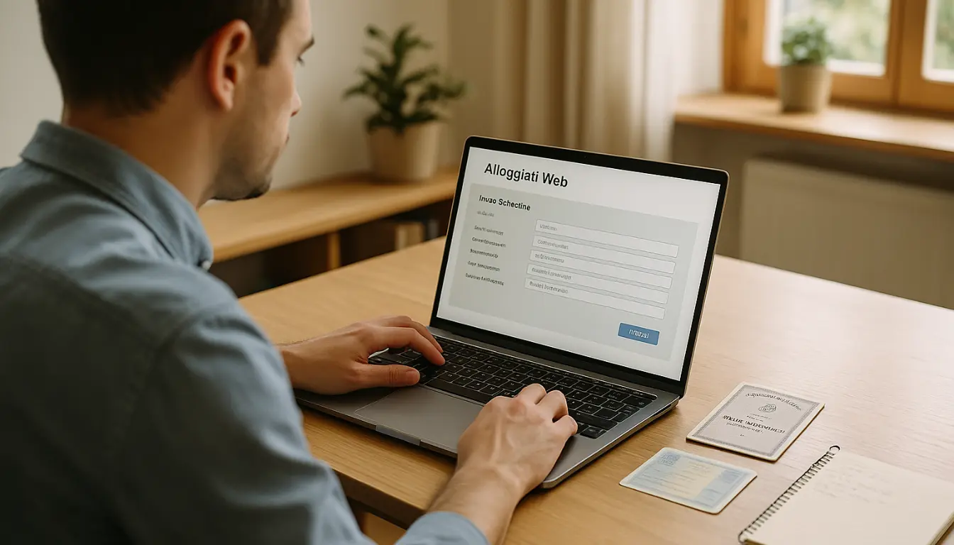 Host che inserisce i dati degli ospiti nel portale Alloggiati Web, tenendo in mano un documento di identità e completando la comunicazione obbligatoria alla Questura