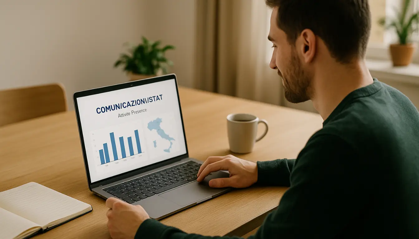 Host che analizza sul laptop le comunicazioni ISTAT con grafici su arrivi e presenze, automatizzate dal sistema di check-in online