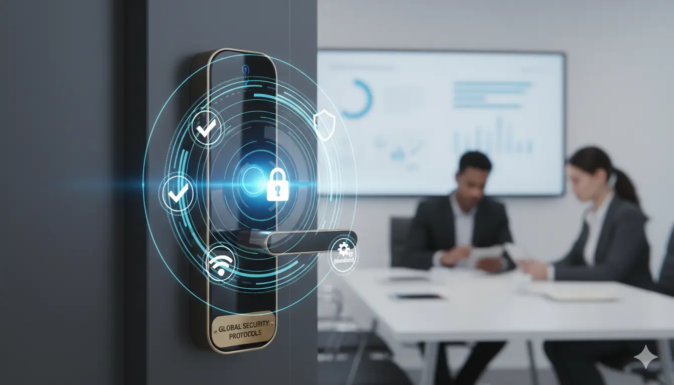 Immagine di uno smart lock con protocolli di sicurezza globali, evidenziato da simboli digitali di protezione, Wi-Fi e standard internazionali