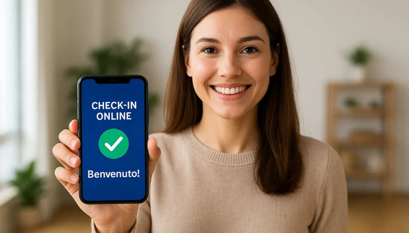 Host che accoglie un ospite mostrando sul tablet la schermata del check-in online, rappresentazione visiva del concetto cos’è il check-in online