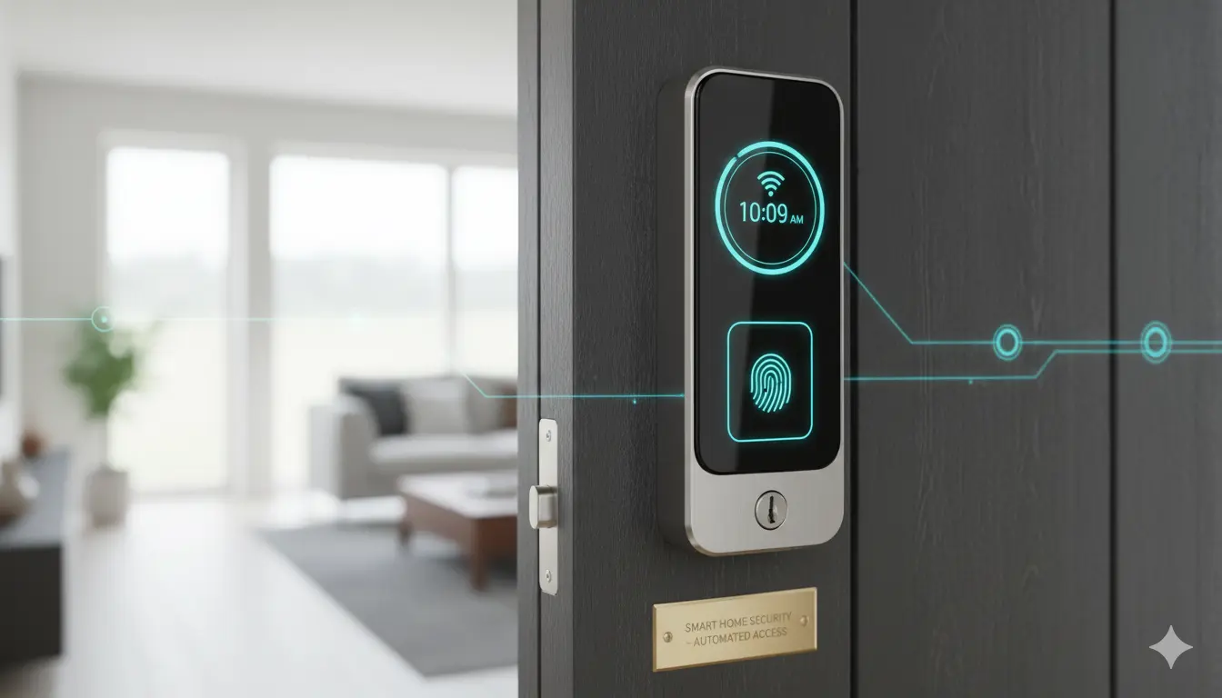 Immagine di uno smart lock installato su una porta, con tecnologia di riconoscimento biometrico e Wi-Fi integrata