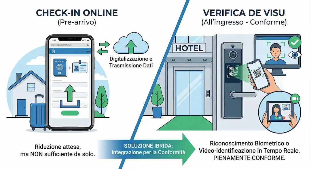 Infografica che confronta il semplice check-in online pre-arrivo con la verifica de visu biometrica all'ingresso, evidenziando la soluzione ibrida conforme
