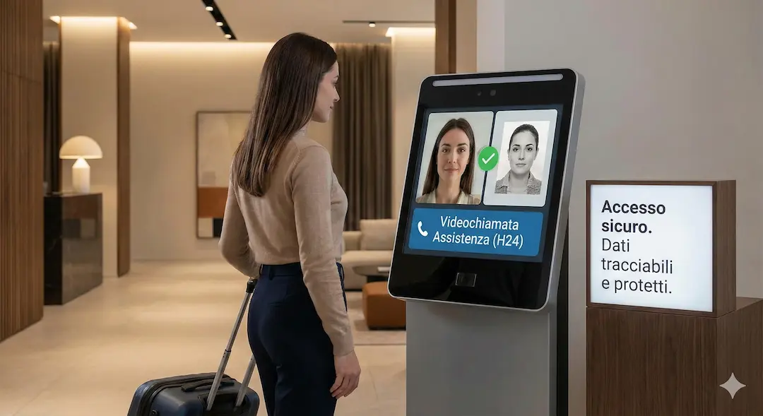 Una donna utilizza un totem per il check-in automatico in hotel che mostra la verifica biometrica in tempo reale tra volto e documento, con l'opzione di videoassistenza H24 e un cartello sulla tracciabilità dei dati