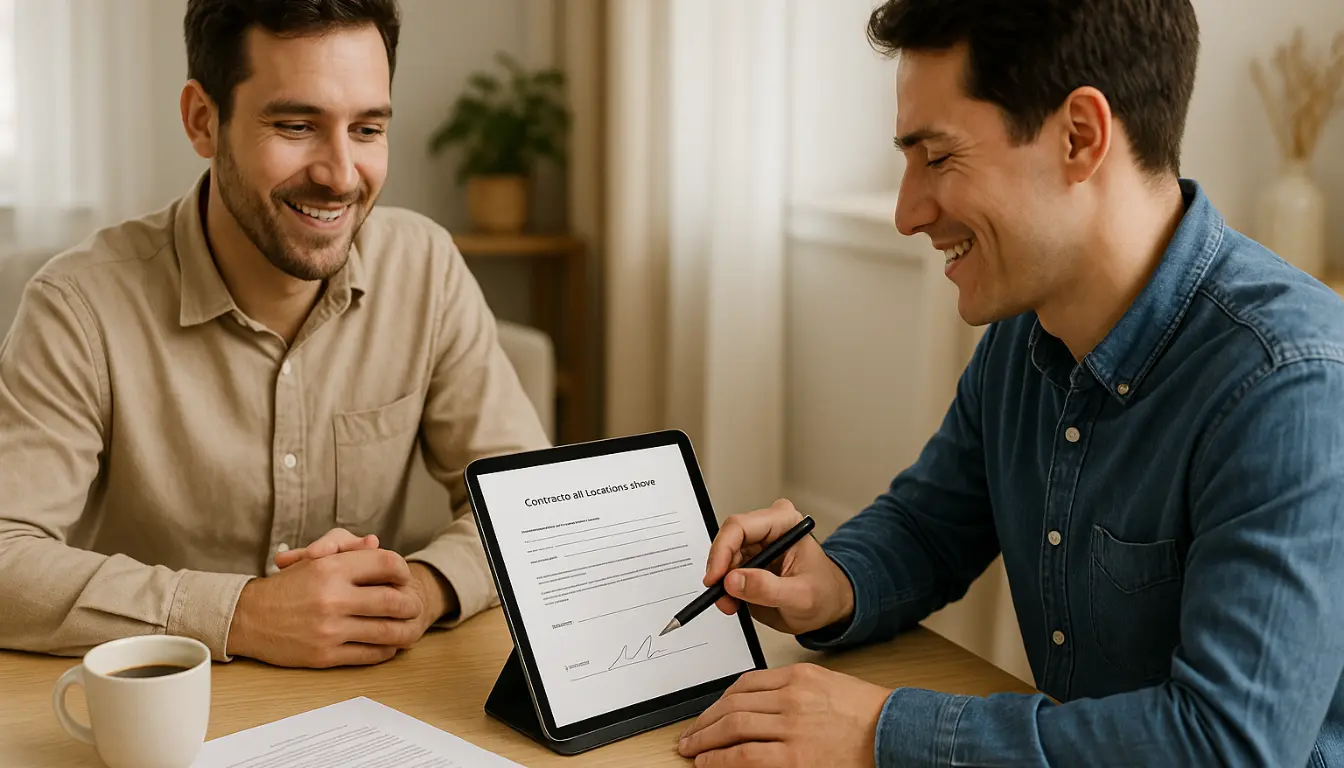 Ospite che firma digitalmente un contratto di locazione breve su tablet insieme all’host, in un ambiente luminoso e moderno, durante il check-in online