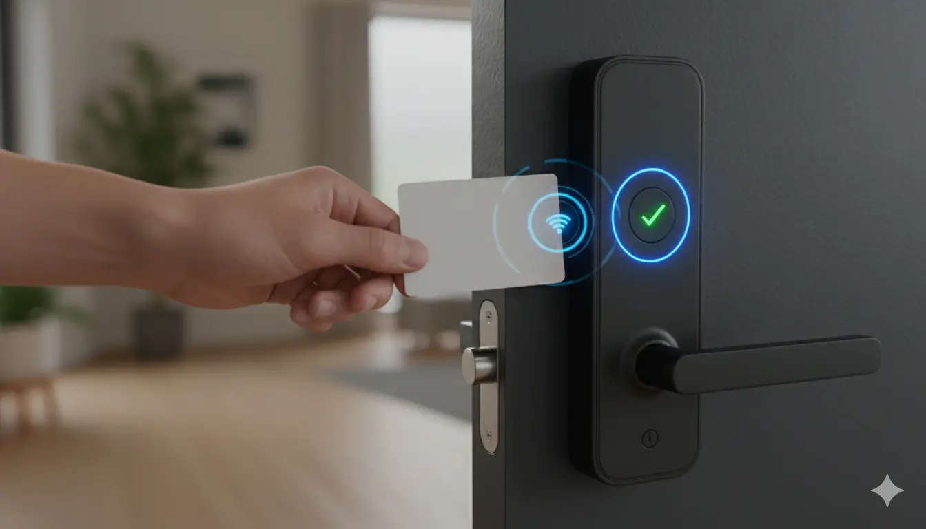 Immagine di uno smart lock che si sblocca tramite card NFC. L'utente avvicina la card al lettore e il sistema conferma l'accesso con una luce verde, evidenziando l'uso di tecnologie avanzate per il controllo degli accessi