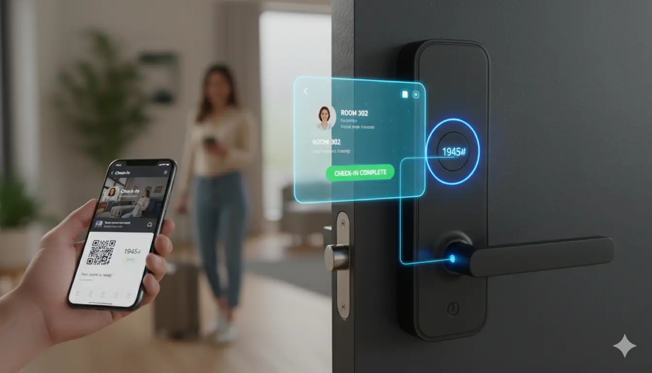 Immagine di un smart lock che si integra con un sistema di check-in online. Un ospite, utilizzando il proprio smartphone, riceve un codice di accesso per la camera e completa automaticamente il check-in