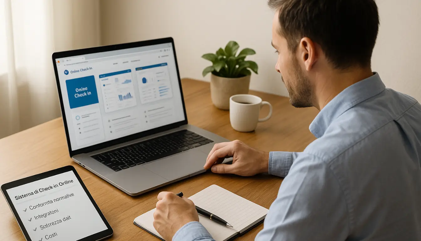 Host seduto davanti al laptop, confrontando più sistemi di check-in online su schermo