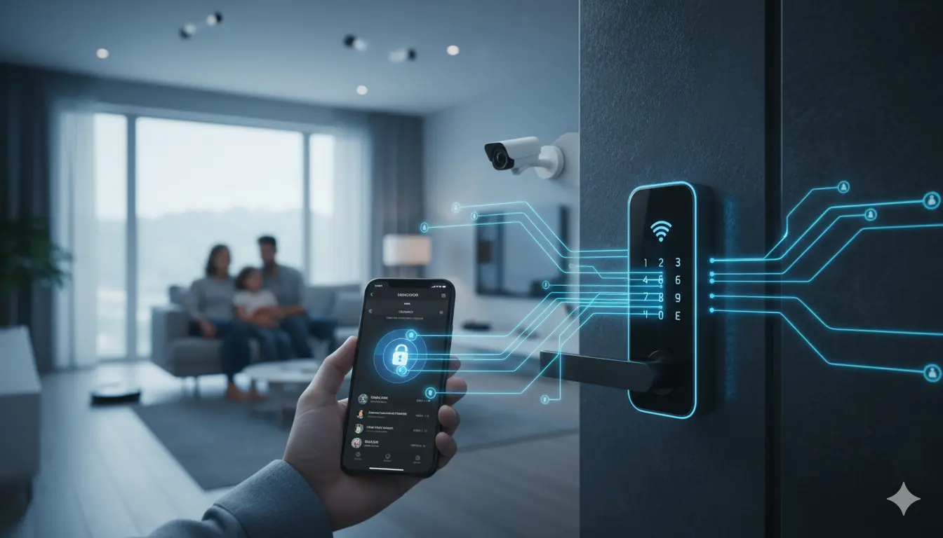Immagine di uno smart lock installato su una porta, connesso tramite app mobile. L'utente interagisce con il dispositivo, mentre circuiti digitali evidenziano la connessione e l'accesso remoto