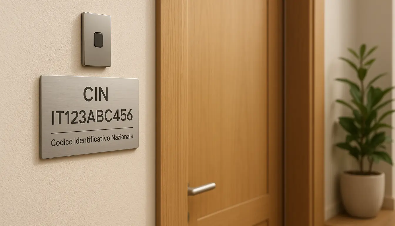 Targhetta in metallo con il Codice Identificativo Nazionale (CIN) esposta all’ingresso di una casa vacanza, accanto al campanello e alla porta, come previsto dalla normativa italiana