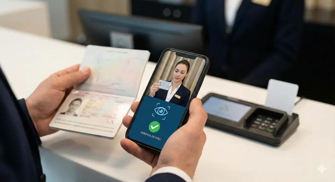 Primo piano di uno smartphone che esegue una verifica dell'identità in tempo reale scansionando il passaporto e il volto dell'ospite