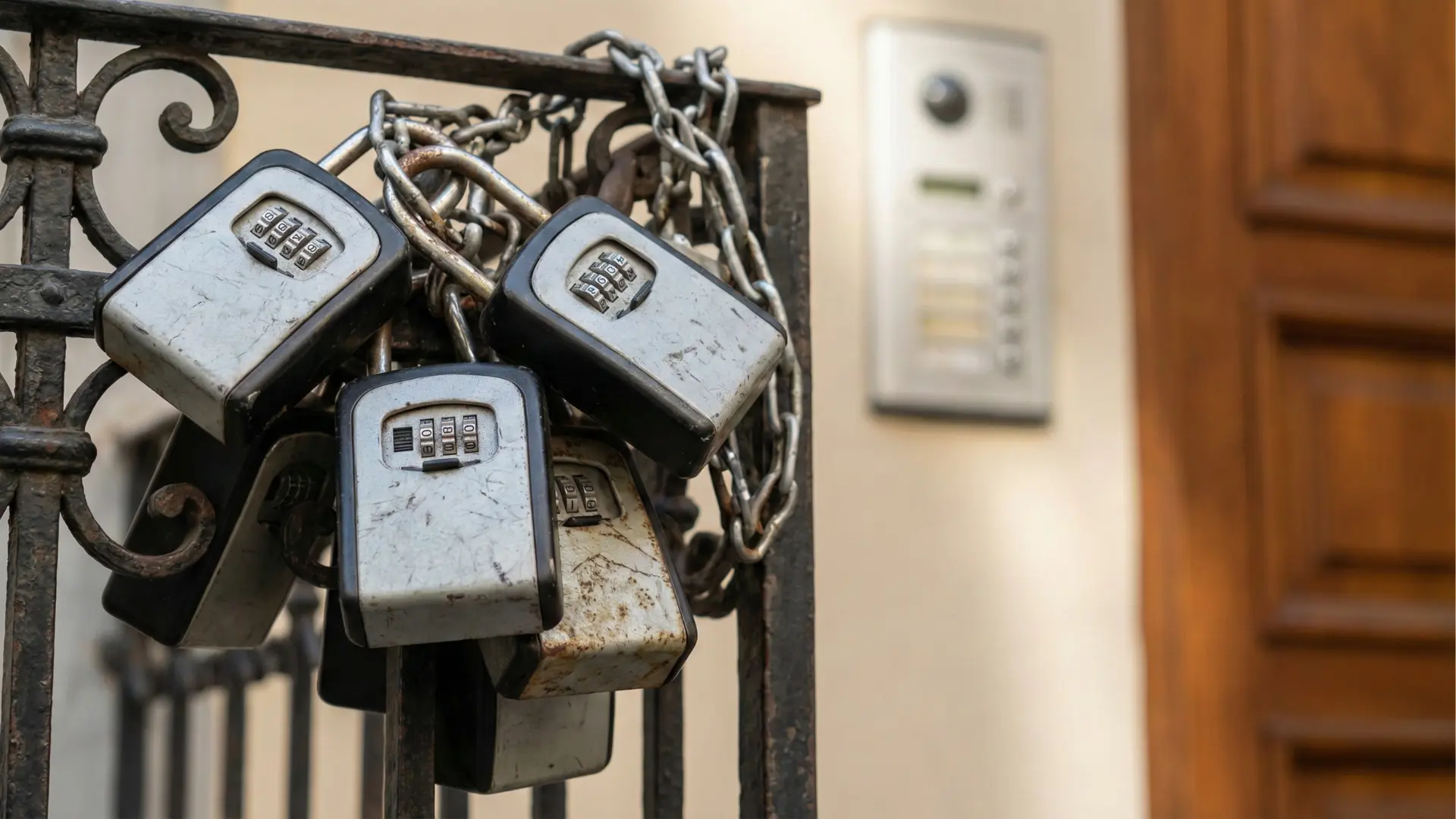 Gruppo di keybox metalliche usurate con combinazione, incatenate a una ringhiera di ferro battuto all'ingresso di un condominio con citofono e porta di legno sullo sfondo.