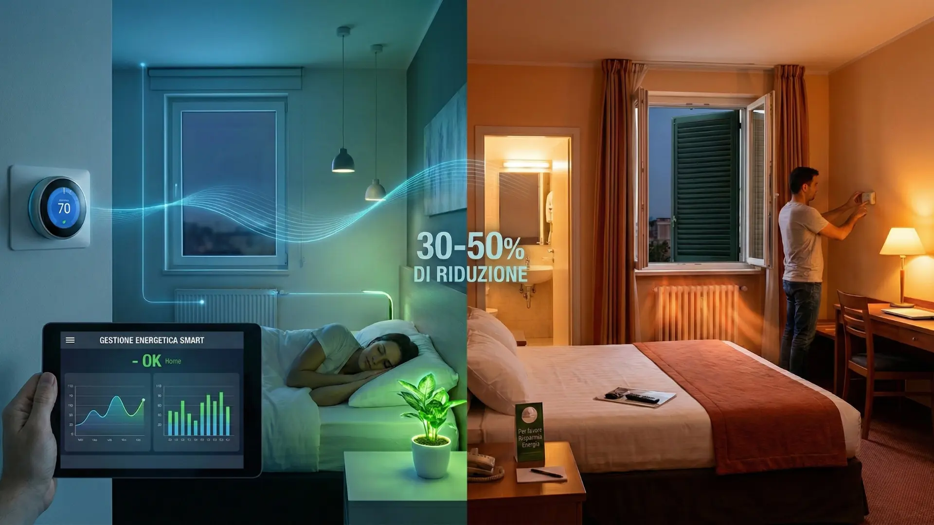 Raffronto visivo tra una camera d'hotel con gestione energetica smart automatizzata e una con gestione manuale inefficiente. A sinistra l'automazione ottimizza i consumi mentre l'ospite riposa; a destra si evidenziano gli sprechi dovuti a finestra aperta e riscaldamento acceso. Al centro è indicata una riduzione dei costi del 30-50%.