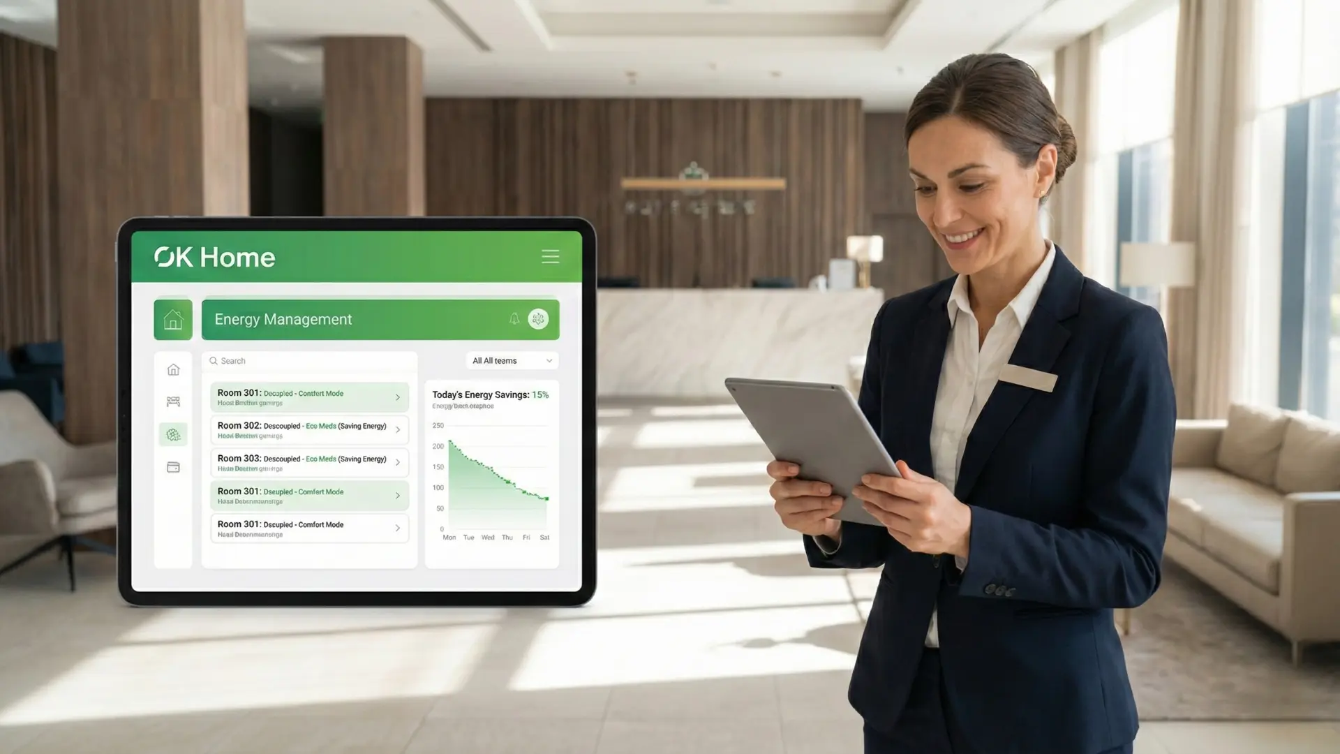 Manager d'hotel che consulta la dashboard di OK Home su un tablet per monitorare il risparmio energetico e la modalità eco delle camere, come indicato nella nostra guida 2026.