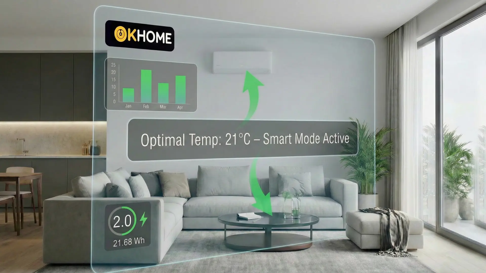 3.0 - Blog 109 Un'interfaccia in realtà aumentata del sistema OKHOME visualizzata in un soggiorno moderno, che mostra la temperatura ottimale impostata a 21 gradi, il monitoraggio dei consumi energetici mensili e lo stato della modalità smart attiva per il condizionatore.
