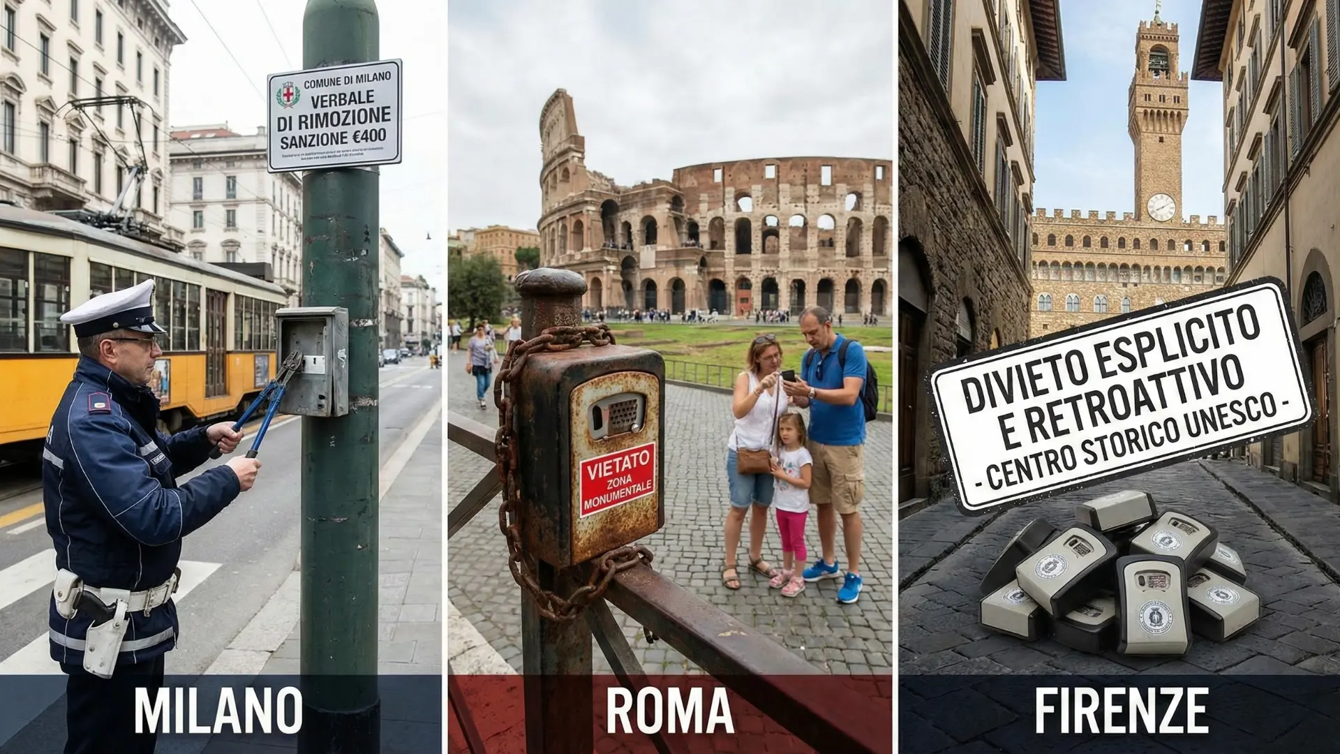 Trittico fotografico che illustra il divieto delle keybox per affitti brevi in Italia. A sinistra, un agente di polizia a Milano rimuove una keybox con un cartello di sanzione da 400€. Al centro, una keybox vietata davanti al Colosseo a Roma. A destra, un mucchio di keybox rimosse a Firenze con un cartello sul divieto nel centro storico UNESCO.