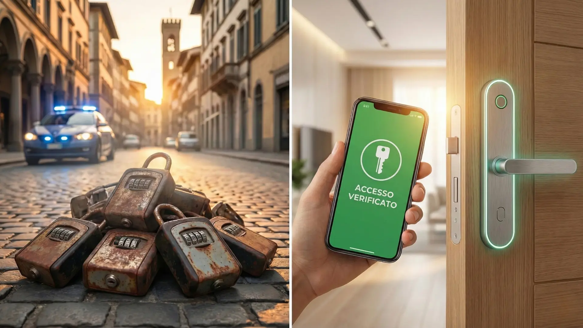 3.0 - Blog 108 A sinistra, un mucchio di vecchie keybox arrugginite su una strada di ciottoli con un'auto della polizia sullo sfondo; a destra, una mano che utilizza uno smartphone con la scritta "ACCESSO VERIFICATO" per aprire una serratura smart luminosa su una porta di legno.