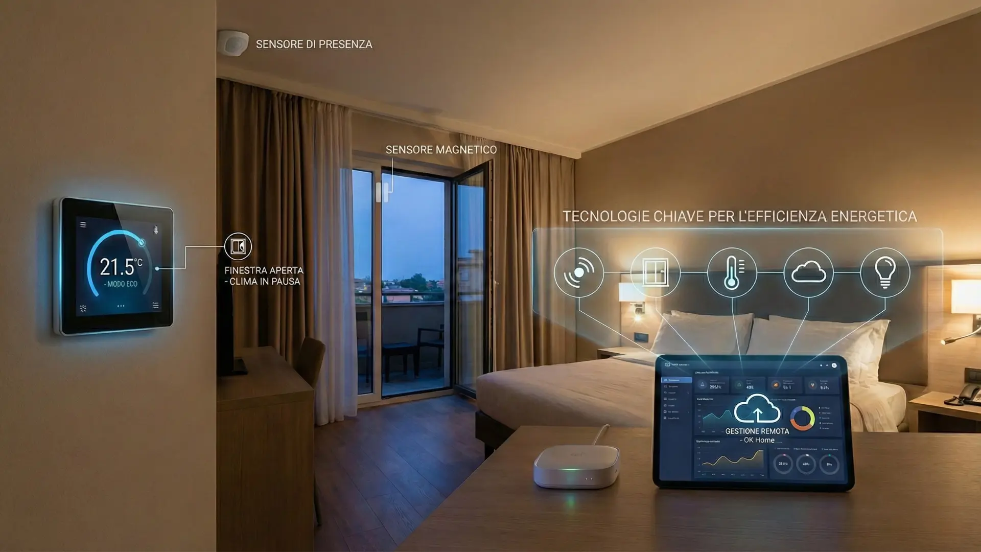 una camera d'hotel moderna con icone digitali che mostrano sensori di presenza, sensori magnetici per finestre, termostato smart e dashboard di gestione remota su tablet.