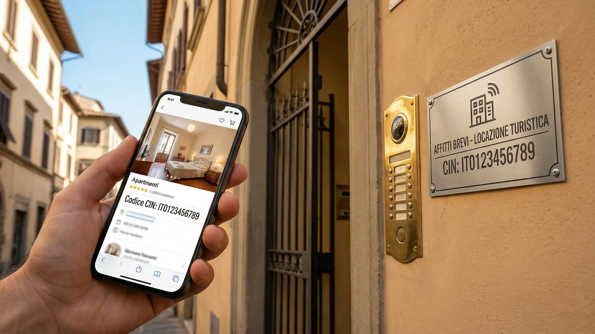 Primo piano di una mano con cellulare che mostra un annuncio di affitto breve accanto a una targa metallica all'ingresso dell'edificio. Entrambi espongono il codice CIN fittizio, evidenziando l'obbligo di esposizione.