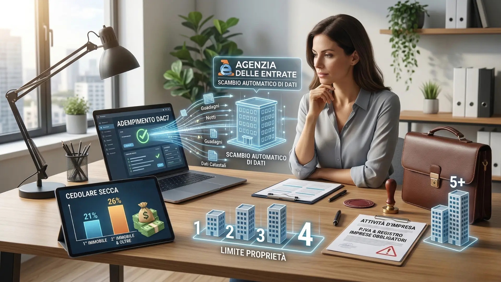 Una donna in un ufficio moderno gestisce digitalmente gli obblighi fiscali (Cedolare Secca e DAC7) e i limiti di proprietà per gli affitti brevi in Italia.