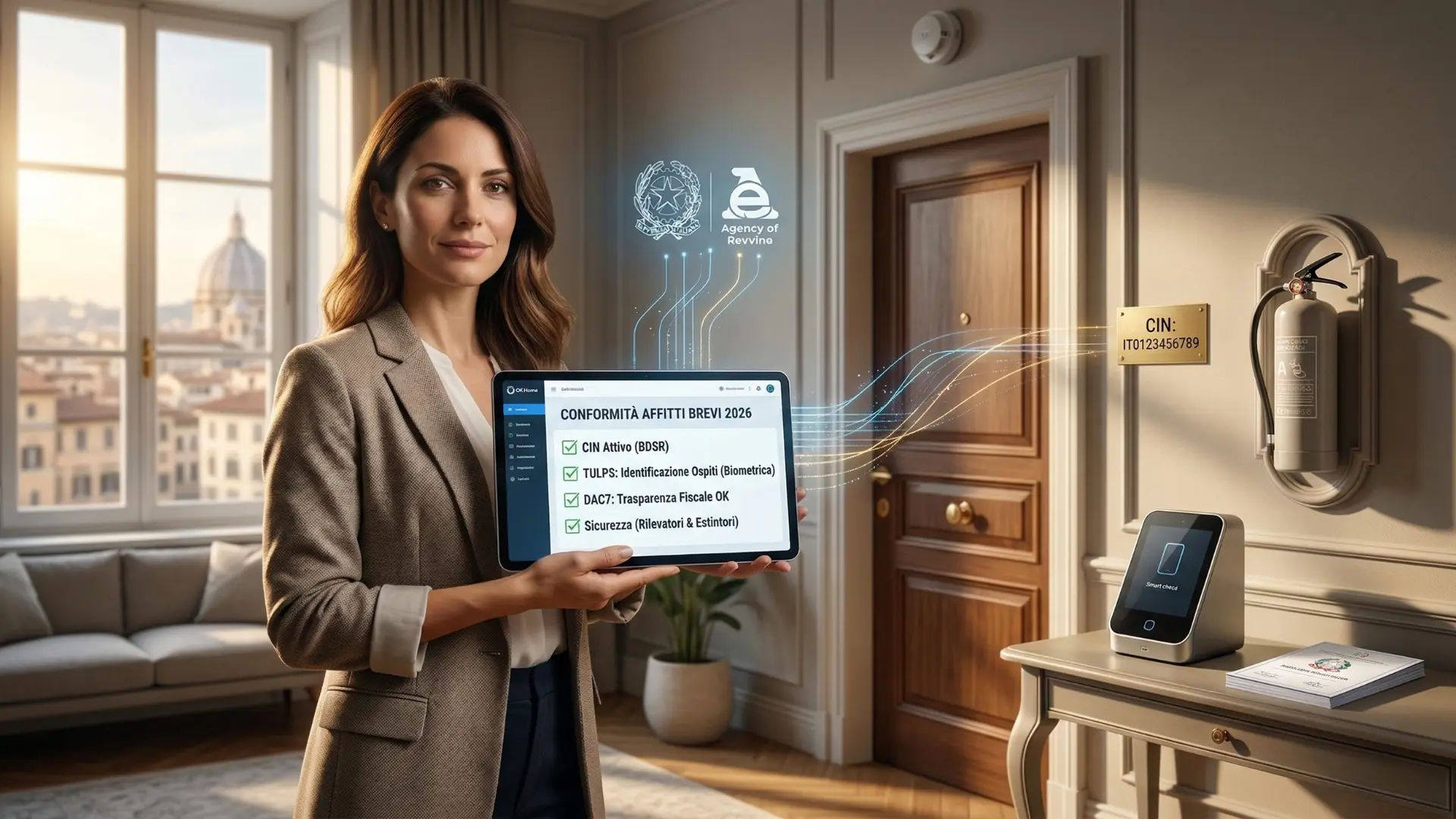 Host mostra su un tablet la checklist dei requisiti per la conformità alla normativa affitti brevi 2026: CIN, identificazione TULPS, direttiva DAC7 e dispositivi di sicurezza.