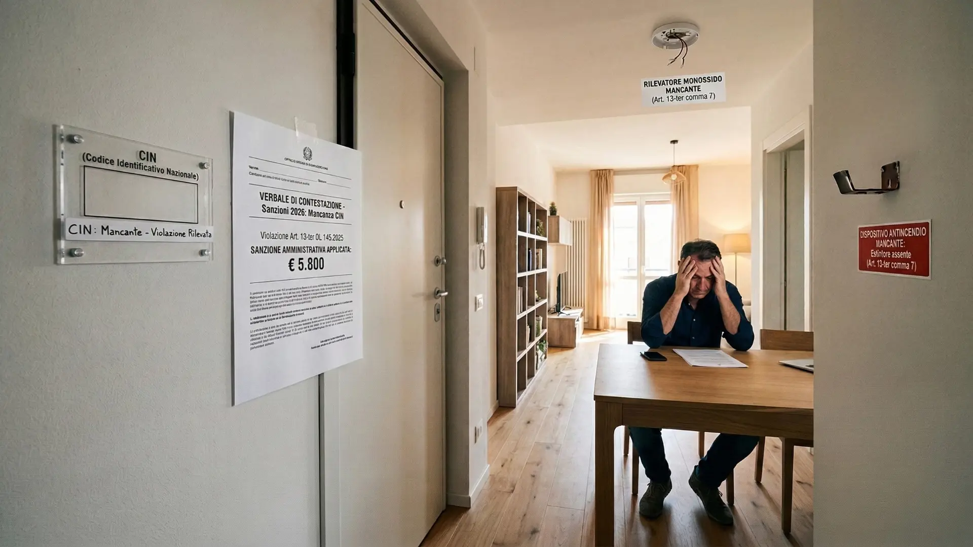 Uomo disperato a un tavolo in un appartamento con notifica di sanzione per CIN mancante e assenza di estintori.