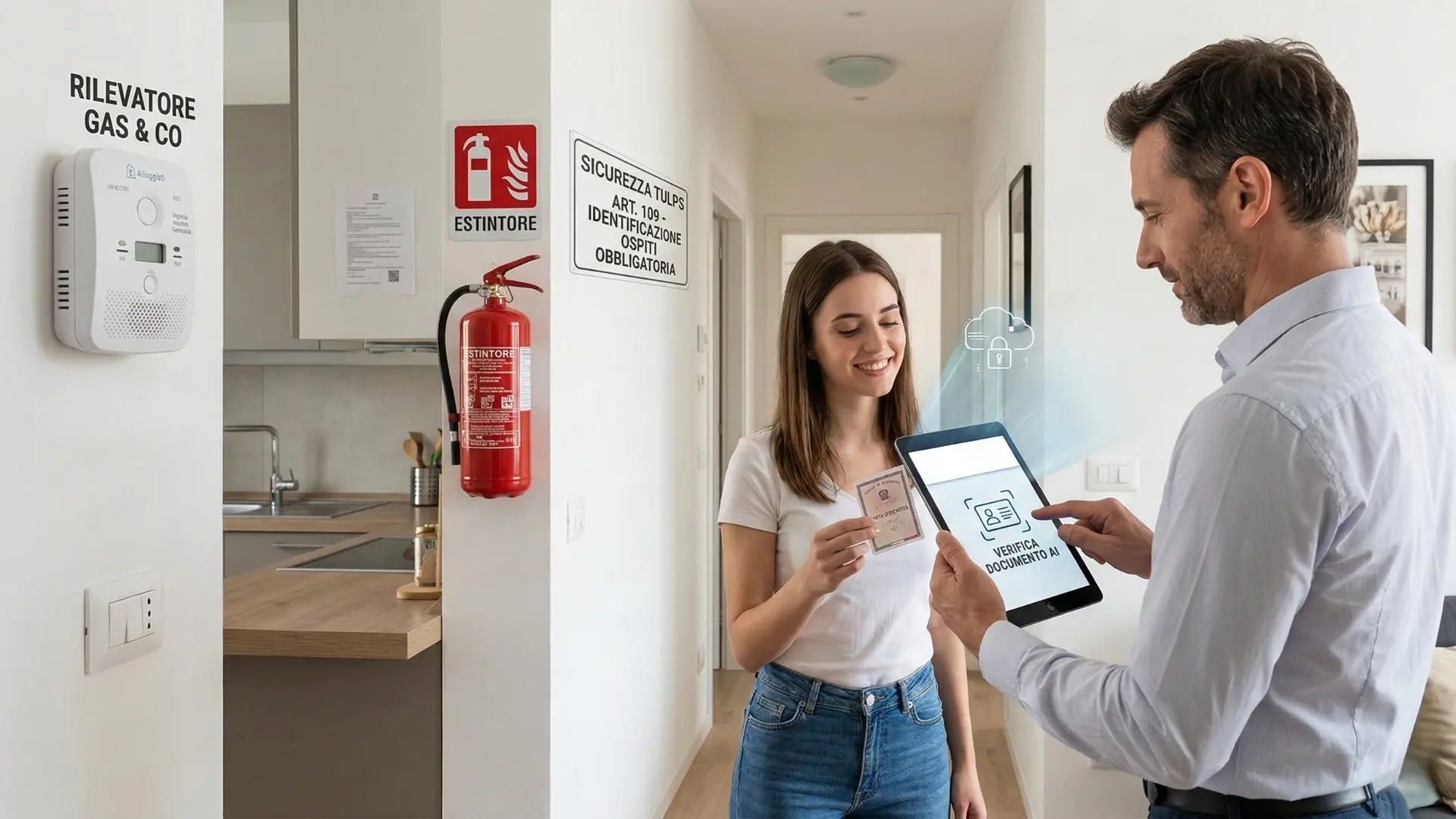 Un host e un'ospite effettuano un check-in sicuro in un appartamento moderno. Visibili dispositivi di sicurezza italiani (rilevatore gas/CO, estintore) e una targa TULPS. L'host usa un tablet per la verifica dell'identità, con icone che escludono metodi informali.