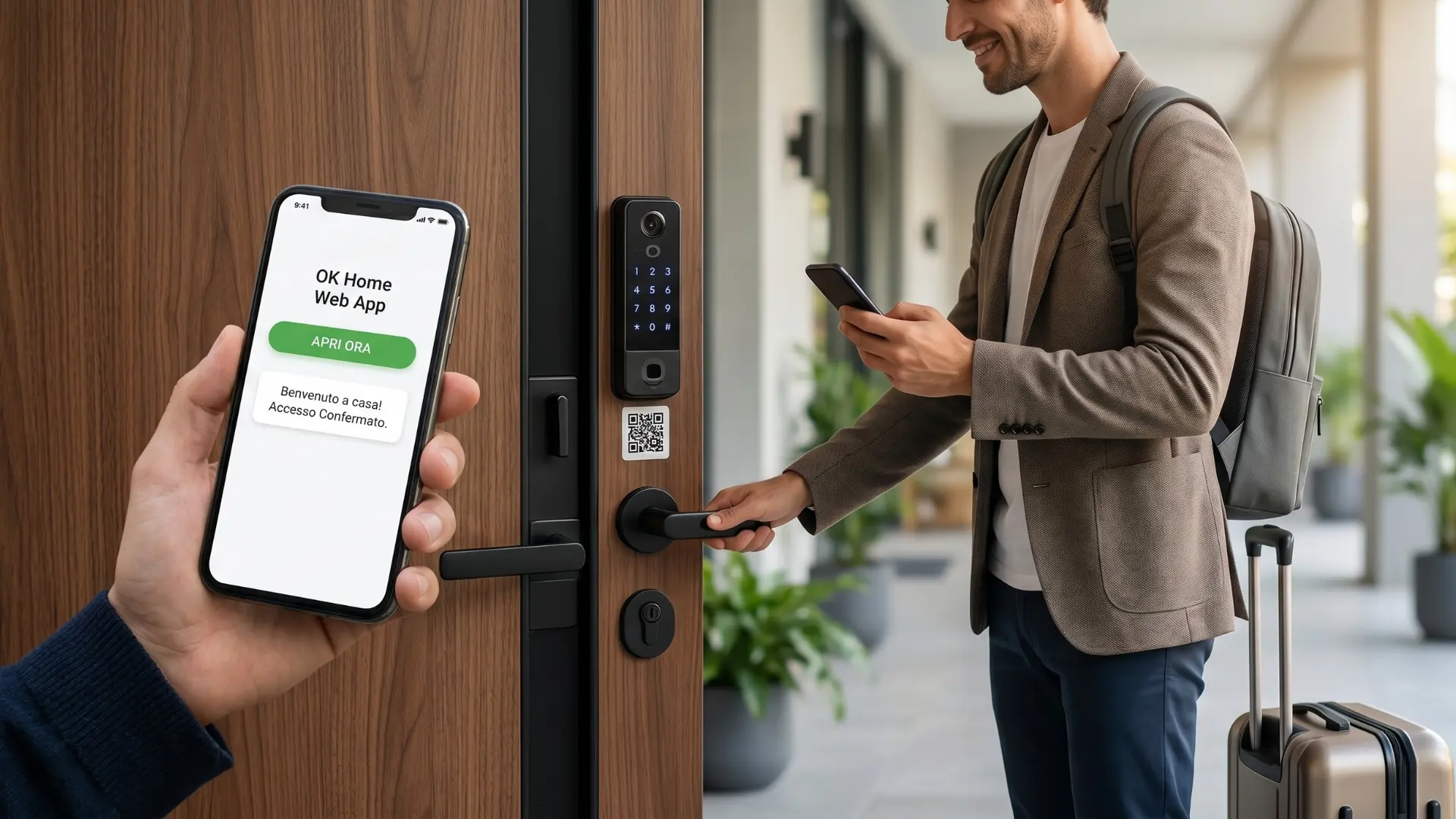 Come funziona il self check in OK Home: ospite apre la porta dell'appartamento con web app, QR code e tastierino dedicato