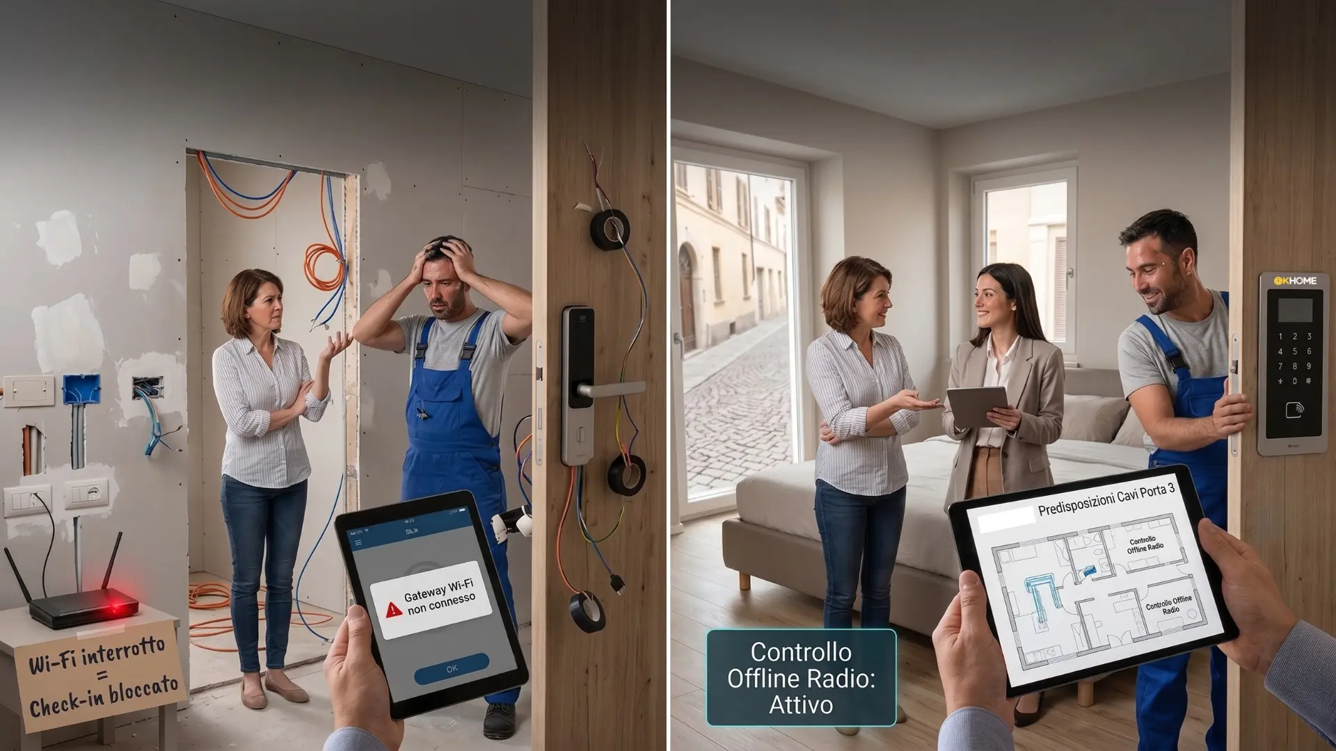 Ristrutturazione B&B: confronto tra approccio tradizionale con Wi-Fi interrotto e check-in bloccato, e approccio OK Home con controllo offline radio attivo e predisposizioni progettate
