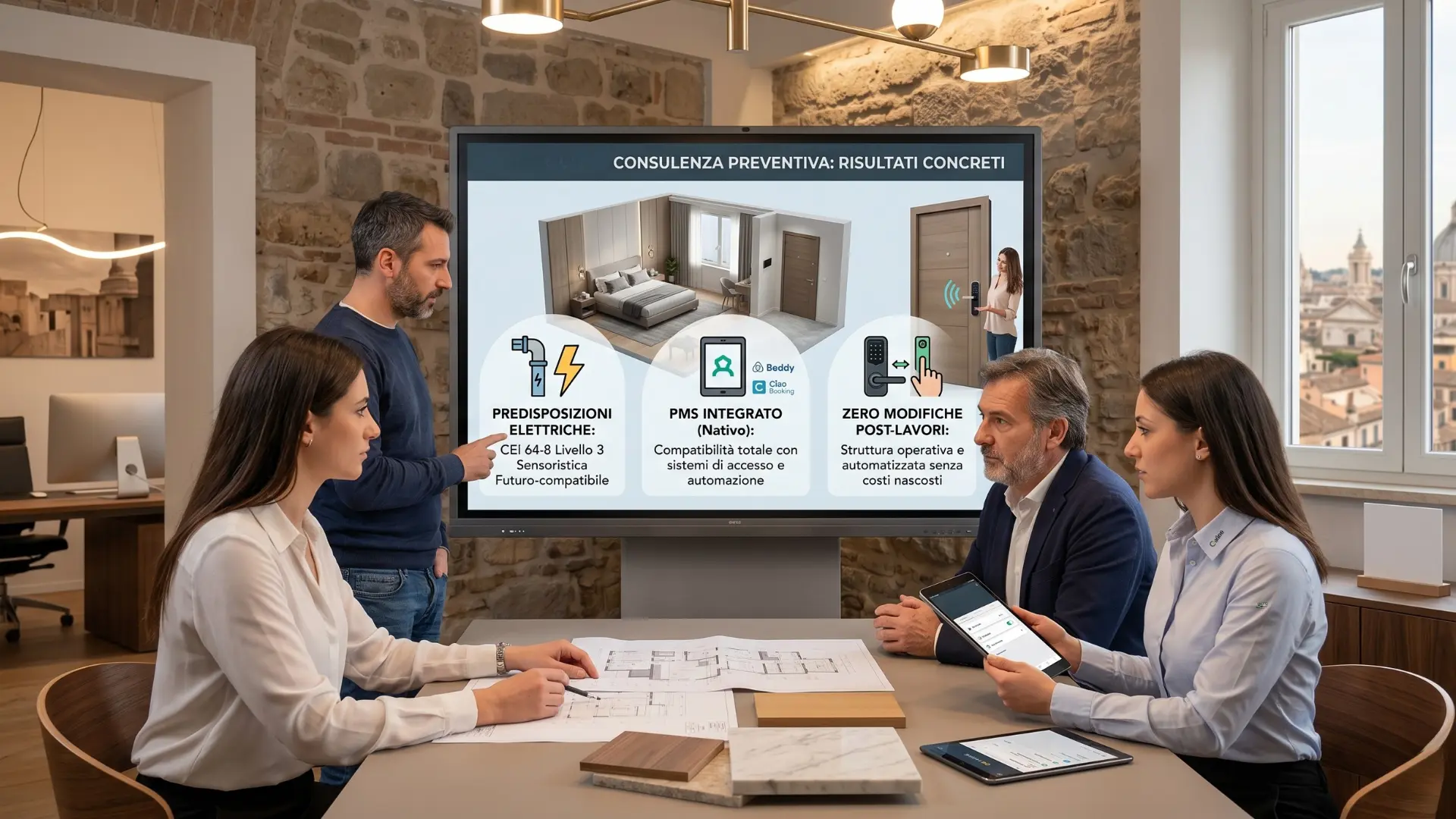Ristrutturazione B&B: meeting di consulenza preventiva OK Home con clienti e i tre risultati concreti — predisposizioni elettriche, PMS integrato e zero modifiche post-lavori