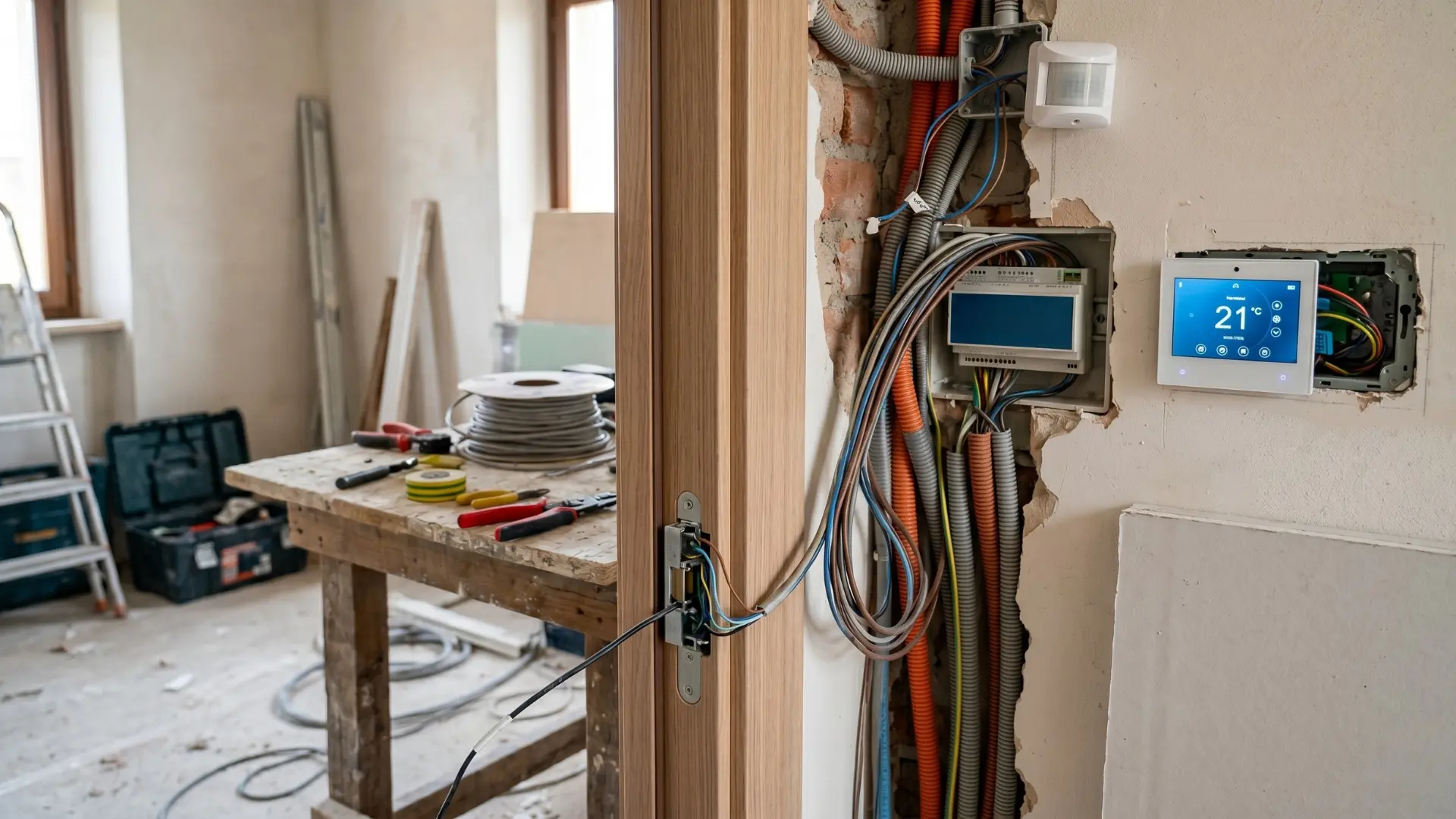 Ristrutturazione B&B: predisposizioni elettriche per smart access e domotica con incontro elettrico cablato sulla porta, scatola tecnica, cavidotti, sensore di presenza e termostato smart