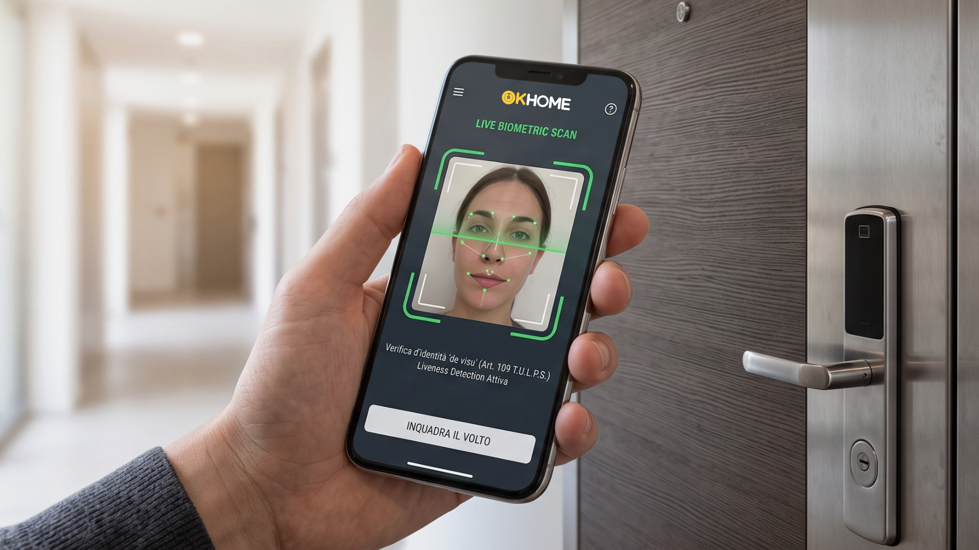 Ospite completa il self check-in de visu inquadrando il volto con lo smartphone davanti alla serratura elettronica della camera
