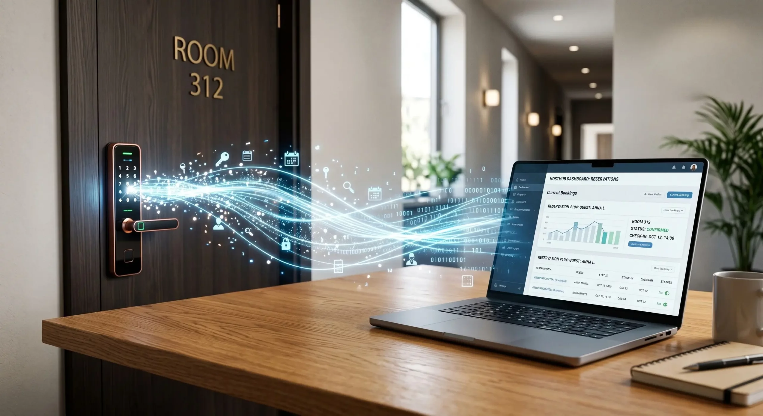 Flusso di dati tra la dashboard prenotazioni del PMS sul portatile e il tastierino smart sulla porta della camera