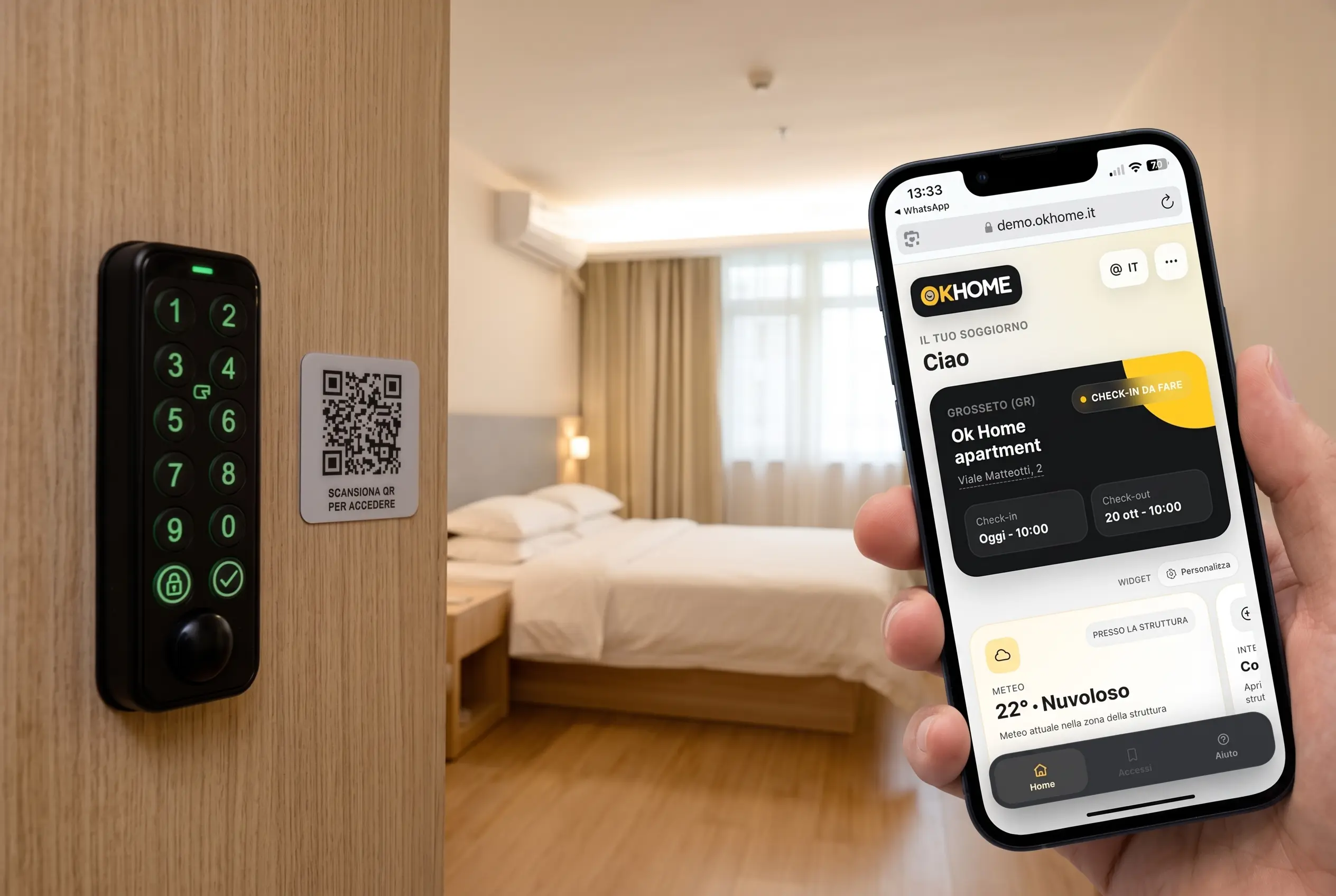 Self check-in OK Home: tastierino con codice e QR code sulla porta della camera, app ospite con dati del soggiorno, check-in e check-out