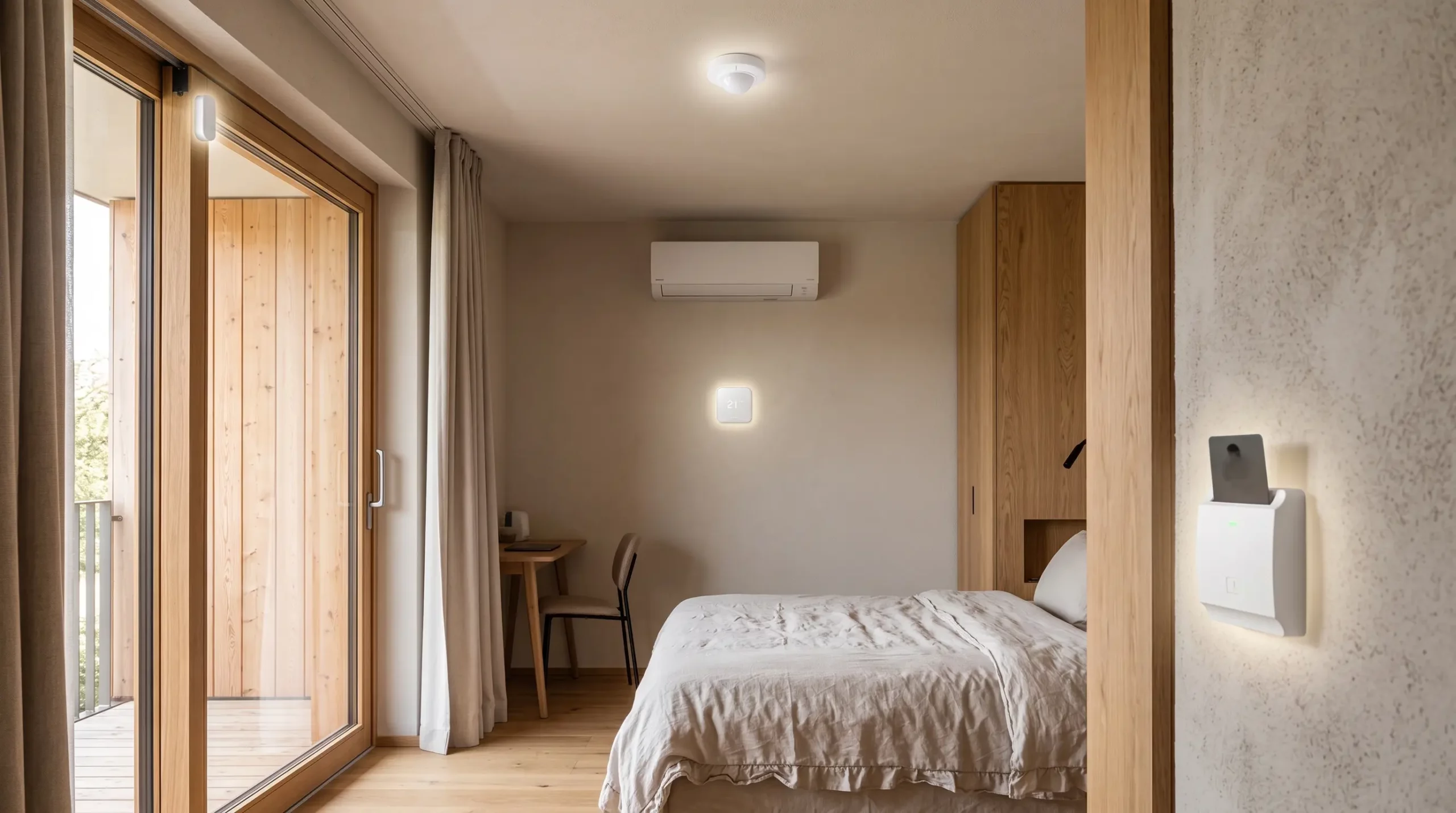 Controllo consumi in una camera di struttura ricettiva: sensore di presenza, hub clima, sensore finestra e tasca badge OK Home