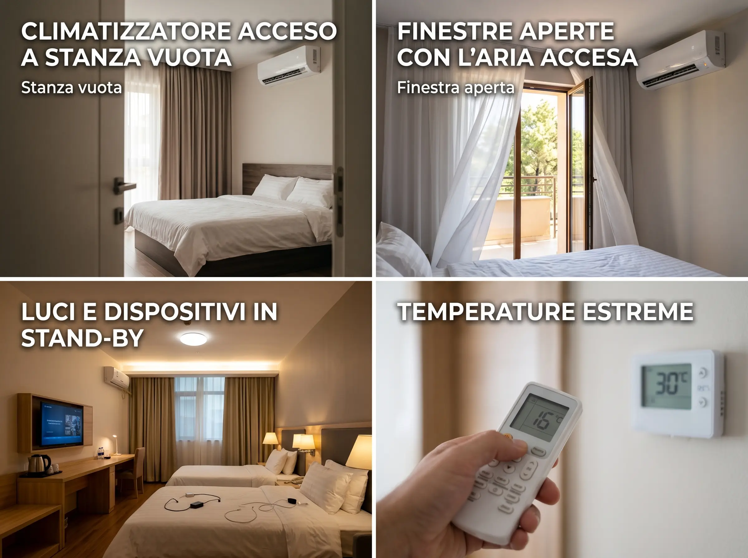 Sprechi energetici in camera: climatizzatore acceso a stanza vuota, finestra aperta con l'aria accesa, dispositivi in stand-by e temperature estreme